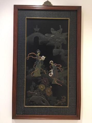 Oud Chinees gesneden houten schilderij - 61 x 102 cm beschikbaar voor biedingen