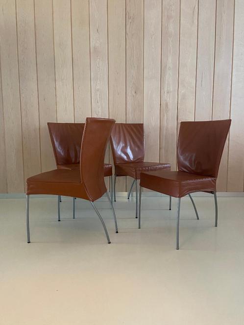 4x Montis Spica Eetkamerstoel, Huis en Inrichting, Stoelen, Gebruikt, Vier, Leer, Metaal, Bruin, Ophalen