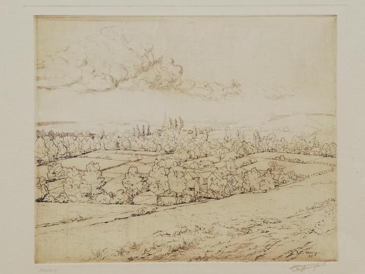 Frans van Giel - mooie grote ets - Belgisch landschap - 1957, Antiek en Kunst, Kunst | Etsen en Gravures, Ophalen