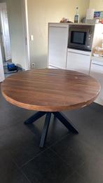 Ronde houten tafel met metaal onderstel in zwart, Huis en Inrichting, Ophalen, Zo goed als nieuw