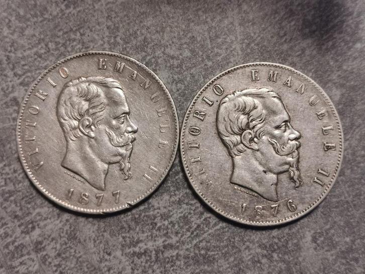 Italia ,5 Lire 1876-1877, Vittorio Emanuele II,zilver .., Postzegels en Munten, Munten | Europa | Niet-Euromunten, Setje, Italië
