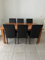 Table en bois de pin + 6 chaises en similicuir, Hout