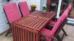 Table de jardin et 4 fauteuilis inclinables avec coussins, Jardin & Terrasse, Ensembles de jardin, Comme neuf, Bois dur, Enlèvement