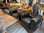 Gave Vintage Chesterfield salon 3+1+1 zwart generfd leer, Ophalen of Verzenden