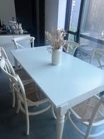 Witte uittrekbare eettafel met 6 stoelen rotan zitting, Huis en Inrichting, 50 tot 100 cm, 150 tot 200 cm, Gebruikt, Rechthoekig