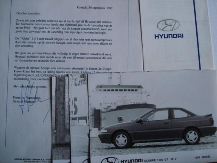 Hyundai Scoupé 1500 GT 12v 1993 Persfoto press LOT van 3, Boeken, Auto's | Folders en Tijdschriften, Gelezen, Overige merken, Verzenden