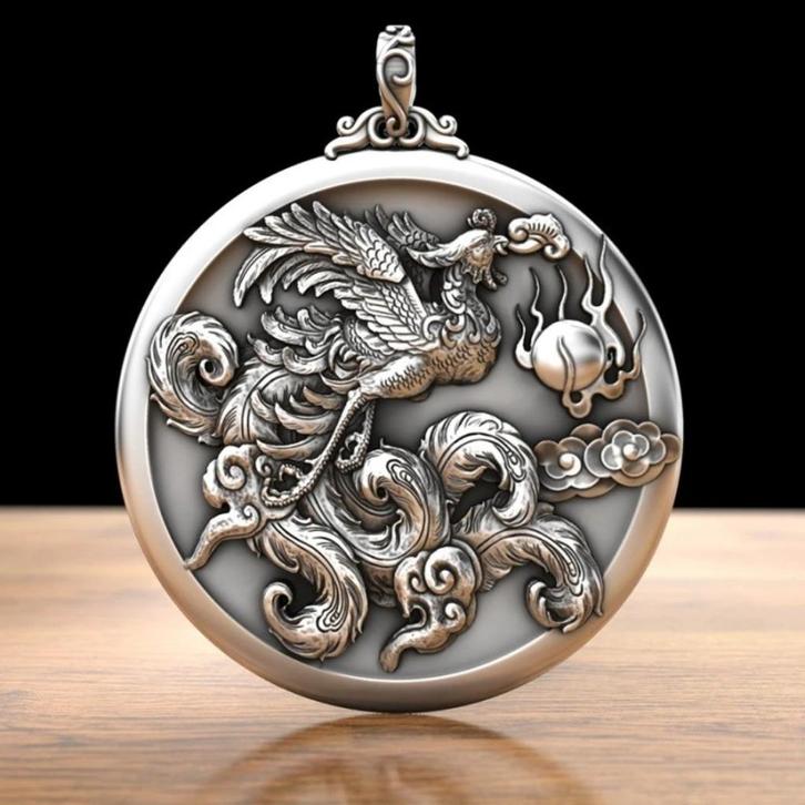 Phoenix Dance in the Nine Heavens hanger - 999 zilver, Handtassen en Accessoires, Kettinghangers, Nieuw, Zilver, Zilver, Kruis of Symbool