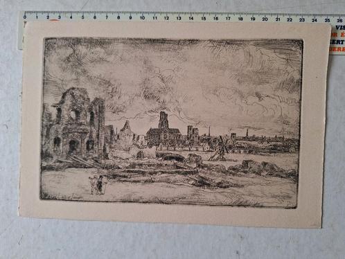 Ets Willem Linnig junior Landschap met ruïnes en kerken, Antiek en Kunst, Kunst | Etsen en Gravures, Ophalen of Verzenden