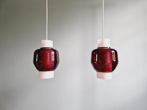 Scandinavische dubbele hanglamp in opaline en amethistglas, Antiek en Kunst, Antiek | Verlichting, Ophalen of Verzenden