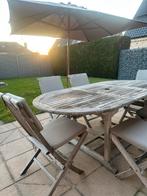 Tuintafel, 6 stoelen en ligstoel + kussens teak, Ophalen, 6 zitplaatsen, Teakhout, Zo goed als nieuw