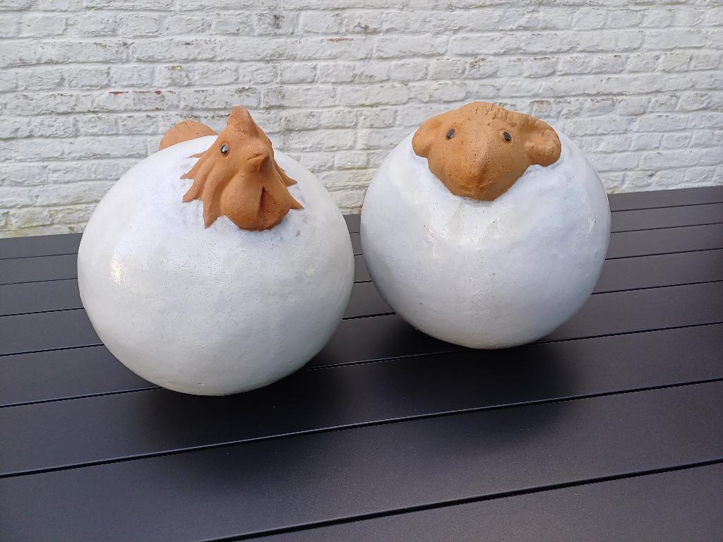 Sculptures de jardin poule et bélier en céramique, Jardin & Terrasse, Enlèvement, Comme neuf, Autres matériaux, Animal