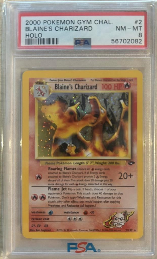 2/132 blaine's charizard psa 8, Hobby en Vrije tijd, Verzamelkaartspellen | Pokémon, Foil, Ophalen of Verzenden