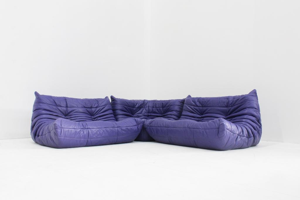Vintage paarse leren Togo sofa set van Ligne Roset, Ophalen of Verzenden