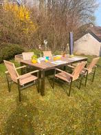 Meubles de jardin (8 chaises +tablehaut dgamme , inox+teck, Table à dinner, Comme neuf, 8 places, Enlèvement