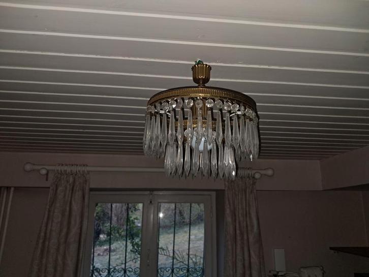 Splendide lustre cascade vintage en cristal et laiton doré, Maison & Meubles, Lampes | Lustres, Comme neuf, Verre, Enlèvement