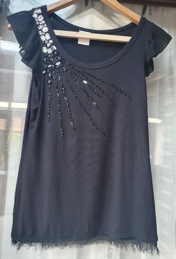 Zwarte top met klein mouwkapje maat M van Scee, Kleding | Dames, Topjes, Maat 38/40 (M), Zwart, Ophalen of Verzenden, Zonder mouw