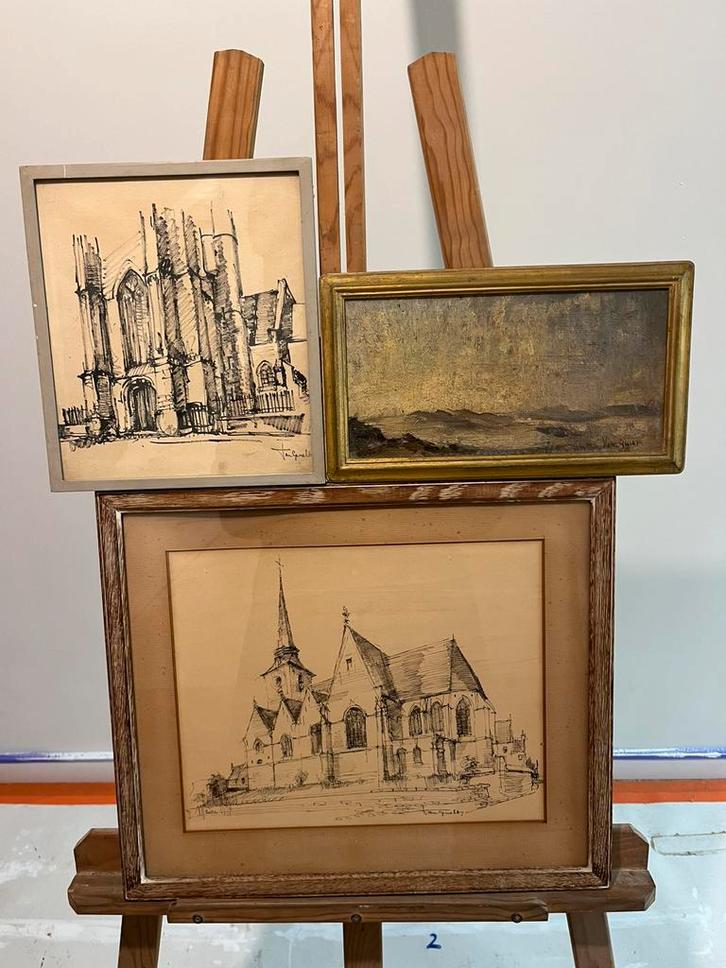 3 werken José Van Gucht oa Kerk van Meise, Antiek en Kunst, Kunst | Schilderijen | Klassiek, Ophalen of Verzenden