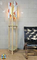 Handgemaakte japandi glas in lood grenenhout vloerlamp, 100 tot 150 cm, Ophalen of Verzenden, Zo goed als nieuw, Japandi / vintage