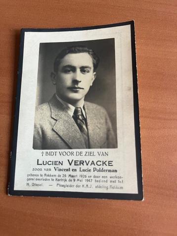 Rouwkaart L.Vervacke  Rekkem 1926 + Kortrijk 1947