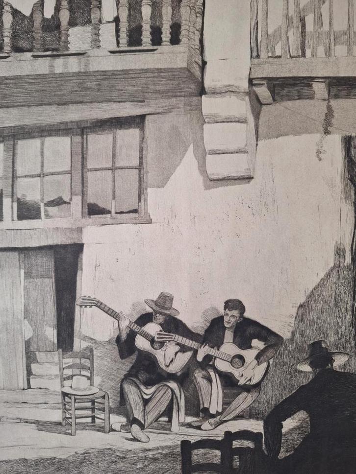 Grote ets van Charles Swyncop Gitaarspelers, Antiek en Kunst, Kunst | Etsen en Gravures, Ophalen of Verzenden