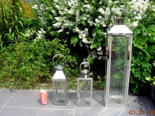 2 lanternes, 37 et 80 cm de haut - verre et métal, Maison & Meubles, Accessoires pour la Maison | Bougeoirs & Bougies, Comme neuf