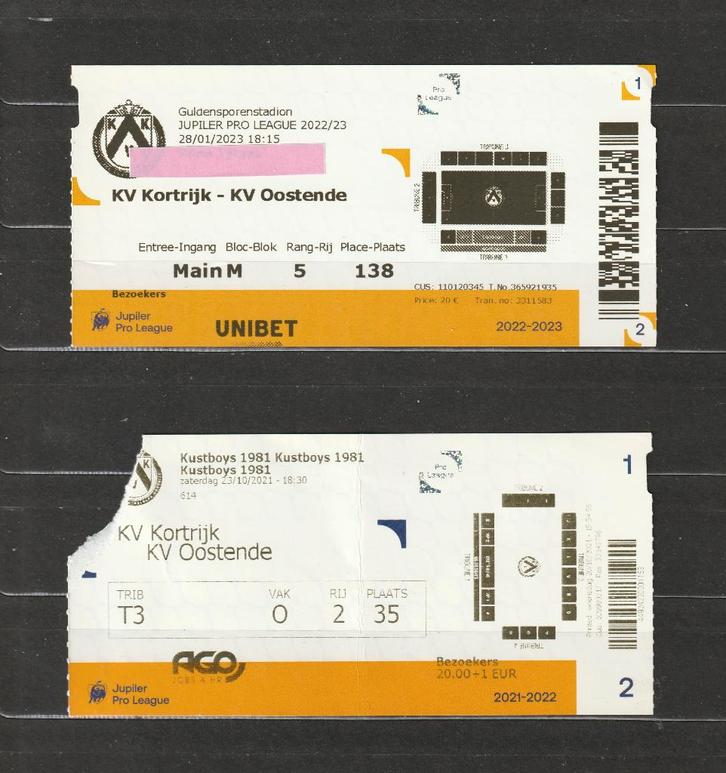 2 versch (gebruikte) tickets Kortrijk - Oostende (2021-2023), Verzamelen, Sportartikelen en Voetbal, Gebruikt, Overige typen, Ophalen of Verzenden