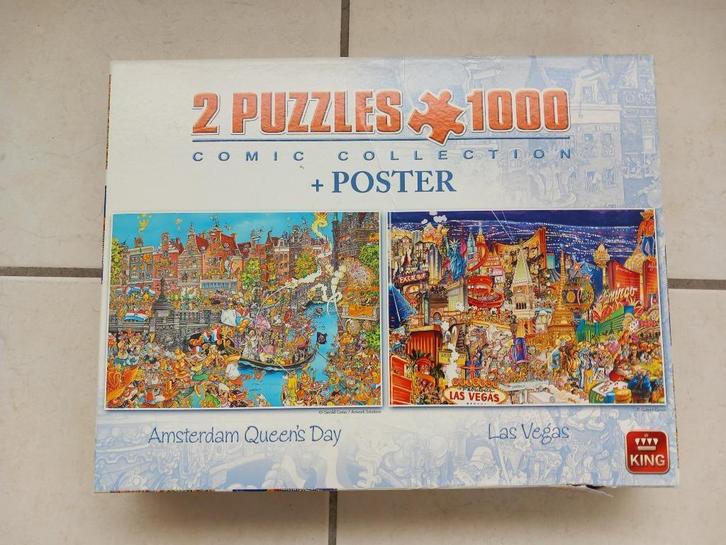 Comic Puzzelbox 2 x 1000 stukjes  - Amsterdam Queen's Day &, Hobby en Vrije tijd, Denksport en Puzzels, Gebruikt, Legpuzzel, 500 t/m 1500 stukjes