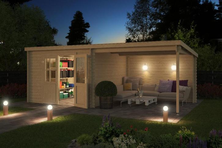 Blokhut met overkapping Orlando 581x292 Onbehandeld vuren, Tuin en Terras, Overige Tuin en Terras, Nieuw, Verzenden