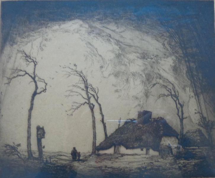 DIRK BAKSTEEN / STORM KEMPEN / ZW-W ETS / 31x41cm KADER SIG, Antiek en Kunst, Kunst | Etsen en Gravures, Ophalen of Verzenden