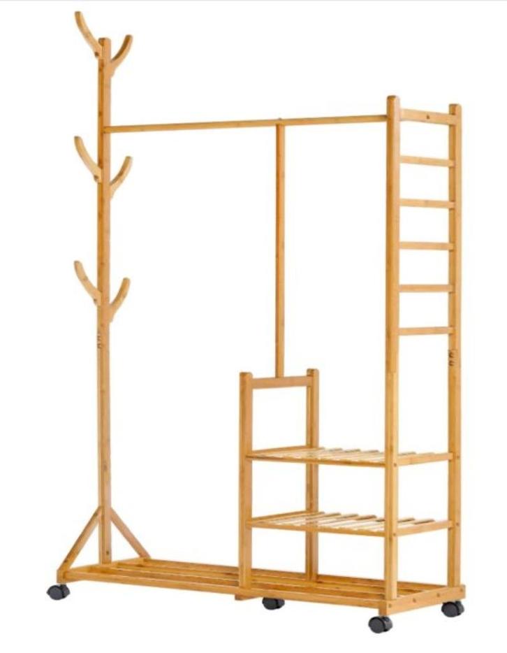 Porte-manteau en bambou avec roulettes, tringle à vêtements, Huis en Inrichting, Woonaccessoires | Kapstokken, Zo goed als nieuw