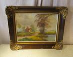 Mooi Oud Geschilderd Werk 'Rivier en Hoeve' - gesign, Antiek en Kunst, Ophalen of Verzenden