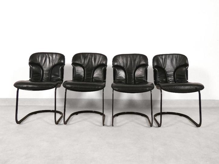 Willy Rizzo - black leather dining chairs - Cidue Italy, Huis en Inrichting, Zitzakken, Gebruikt, Zwart, Ophalen of Verzenden