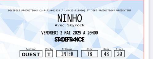 PLACE CONCERT NINHO STADE DE FRANCE, Tickets en Kaartjes, Concerten | Nederlandstalig, Mei