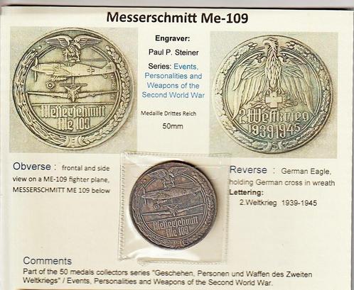Messerschmitt Me 109 : Medaille 50mm + 3 foto's + 3 postkaar, Verzamelen, Militaria | Tweede Wereldoorlog, Luchtmacht, Embleem of Badge