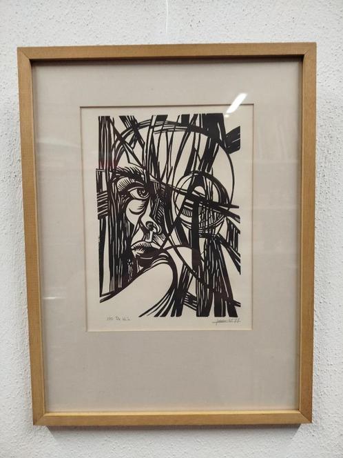 Prachtige Linosnede“de Blik” van W.Laenen ’77 in eiken kader, Antiek en Kunst, Kunst | Schilderijen | Abstract, Ophalen of Verzenden