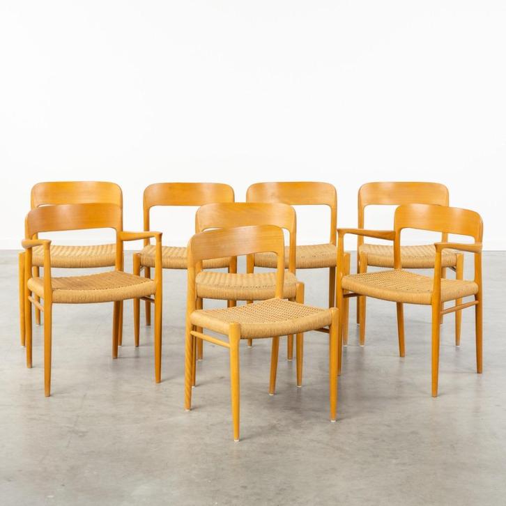 Set van 8 stoelen Niels Moller voor Mollers Mobelfabrik, Huis en Inrichting, Stoelen, Vier, Hout, Overige materialen, Bruin, Ophalen of Verzenden