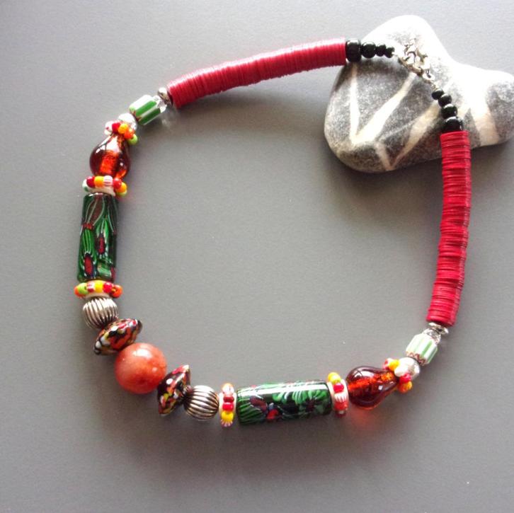 Antieke Venetiaanse millefiori ruilkralen ketting, Handtassen en Accessoires, Kettingen, Nieuw, Steen of Mineraal, Rood, Met edelsteen