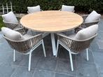 Ronde terrastafel met 6 stoelen inclusief kussens, Ophalen, 6 zitplaatsen, Aluminium, Zo goed als nieuw