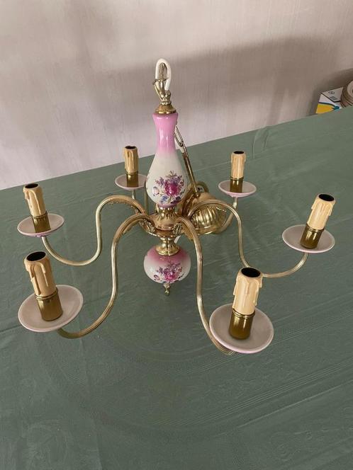 Antieke kroonluchter met porseleinen bloemenmotief (6 armen), Huis en Inrichting, Lampen | Kroonluchters, Zo goed als nieuw, Ophalen