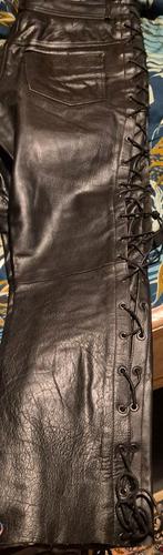 zwarte leren motorbroek met vetersluiting aan de zijkanten, Motoren, Ophalen of Verzenden, Tweedehands, Heren, Broek | leer