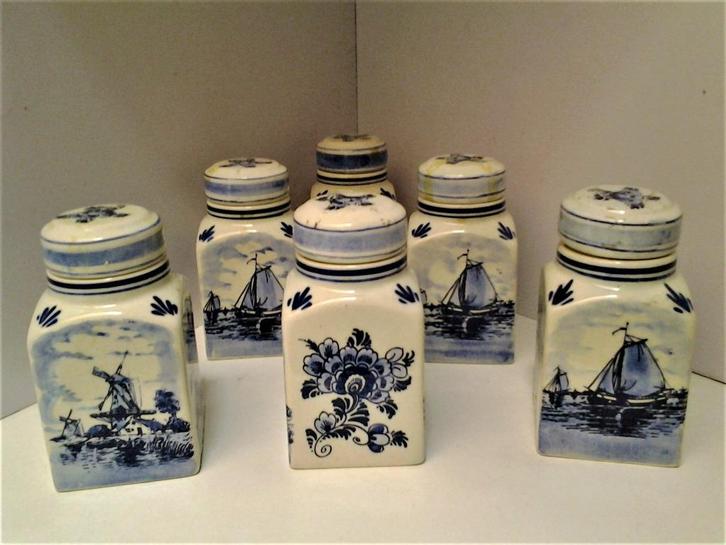 Set 6 Delfts blauw voorraadpotten - met stempel, Antiek en Kunst, Antiek | Keramiek en Aardewerk, Ophalen