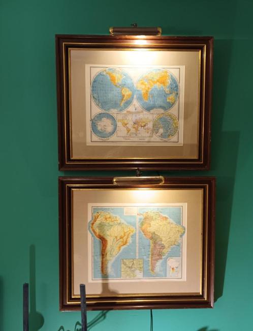 2 oude (jaren '50) kaarten Z-A in kaders + lamp - OPRUIMING!, Boeken, Atlassen en Landkaarten, Gelezen, Landkaart, Wereld, 1800 tot 2000