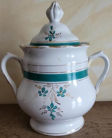 BOCH La Louvière Suikerpot groene bloemen & vergulding 1880. beschikbaar voor biedingen