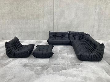 Canapé d’angle modulaire, cuir noir, parfait état