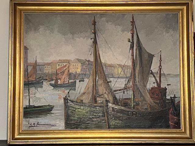 Tableau R.M.Pruniau, port d' Ostende 1965, Antiquités & Art, Art | Peinture | Classique, Enlèvement