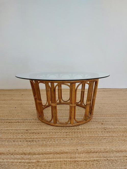 Vintage salontafel bamboe / glas, Huis en Inrichting, Tafels | Sidetables, Gebruikt, Glas, Ophalen