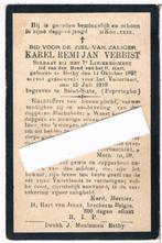 Verbist Karel.° Rethy 1891 † Elverdinge 1918(Begr.Poperinge), Enlèvement ou Envoi, Image pieuse