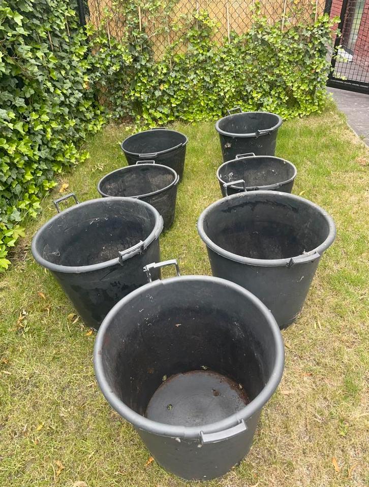 7 boomcontainers met handvat en gaten in bodem., Tuin en Terras, Bloembakken en Plantenbakken, Gebruikt, Ophalen