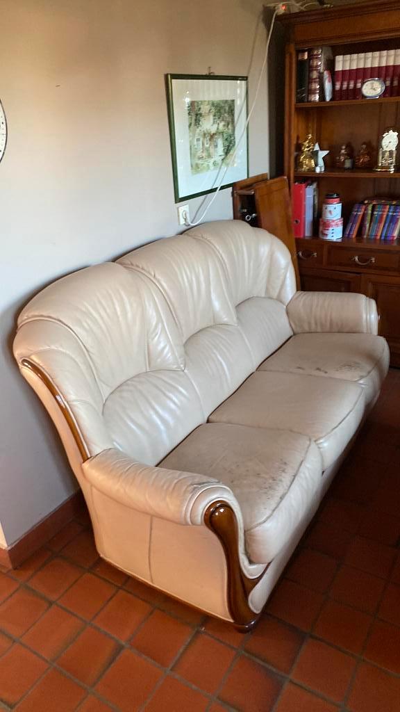 Loungeset van leer — 3-zitsbank ( 1m75) + 2 fauteuils, Huis en Inrichting, Zetels | Zetels en Chaises Longues, Gebruikt, Driepersoons