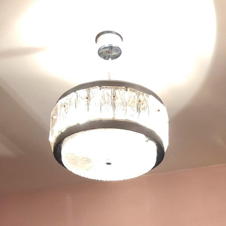 Verchroomd LAMP met kristallen glasplaten jaren 60, Huis en Inrichting, Lampen | Plafondlampen, Zo goed als nieuw, Glas, Ophalen